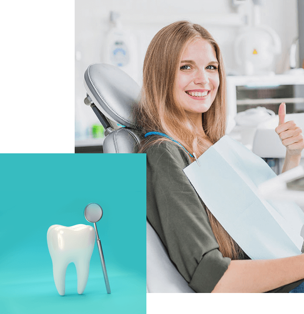A smiling woman sitting on our dental chair with an image of a tooth 3d model